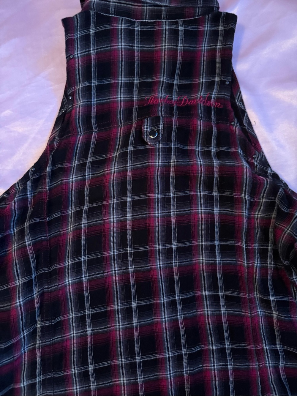 Harley Davidson Cold-Shoulder Plaid Button-Down Shirt - Black & Maroon - Picture 4 of 5